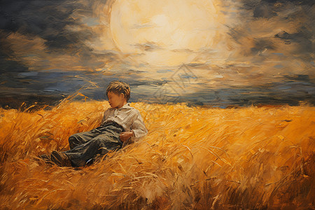 秋季稻田中的小男孩背景图片