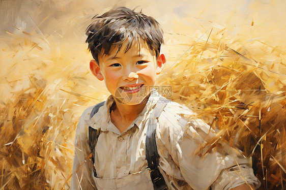 秋季稻田中的小男孩图片