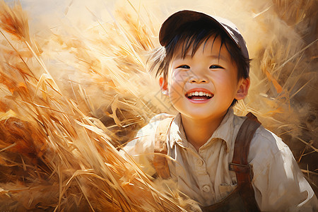 金色稻田中的小男孩背景图片