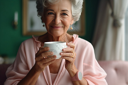 品尝咖啡的老年女子高清图片