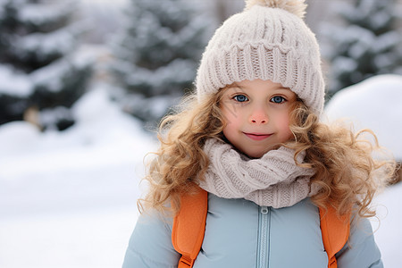 戴着帽子和围巾的小女孩在雪地里图片