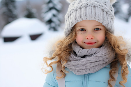 雪树林小女孩在雪地里玩耍背景