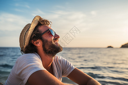 帆船上的男人望海微笑背景图片