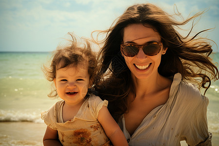 沙滩上的妈妈和女儿图片