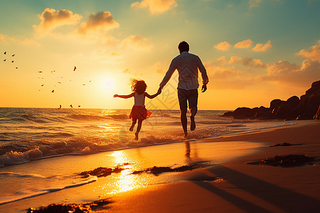 夕阳下父女漫步沙滩背景图片