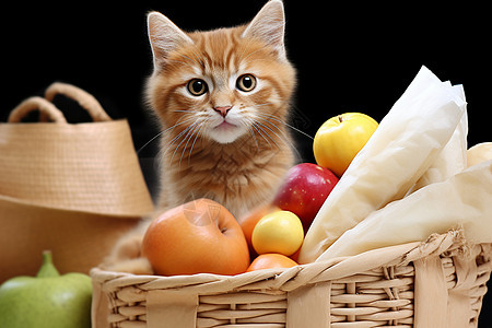 水果篮里的猫咪图片
