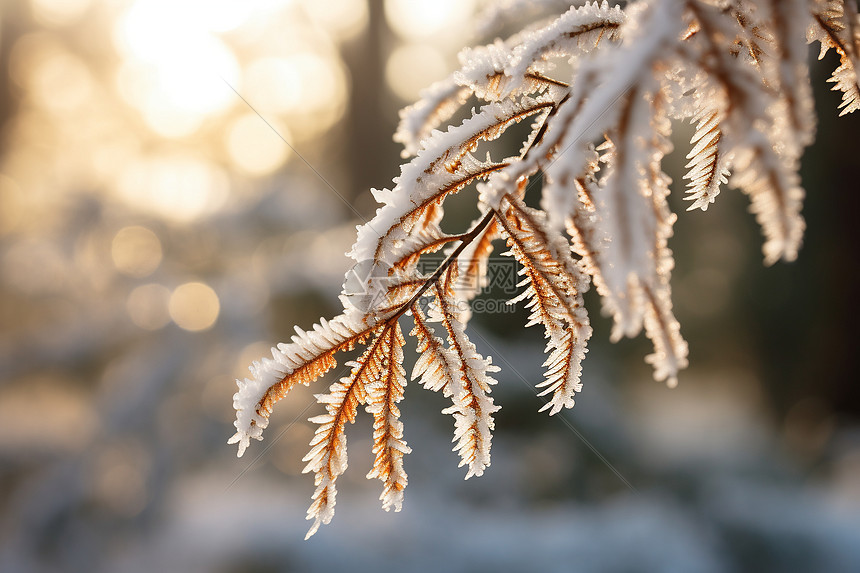 树枝上的雪与阳光交织图片