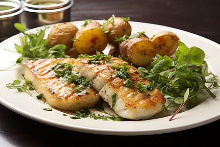 健康美食的烤鳕鱼和时蔬图片