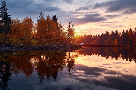 日落时的湖畔和树木图片