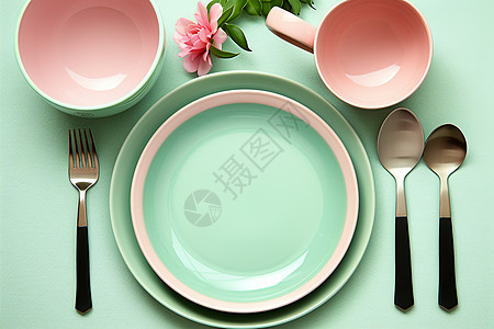 粉绿色的碗和盘子背景图片