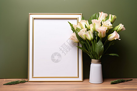 桌子上的空白相框和鲜花图片