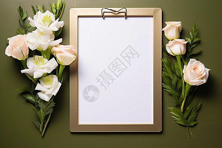 鲜花旁的空白相框背景图片