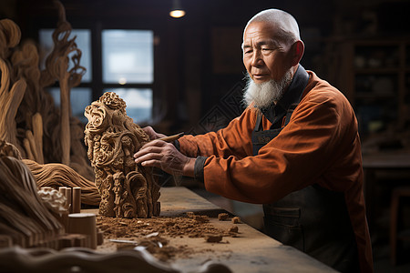 雕刻木雕的老人图片