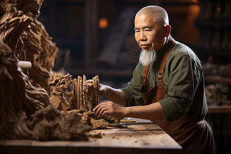 桌子上雕刻木头的男性背景图片