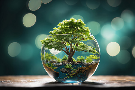 玻璃球里面的森林生态景观背景图片