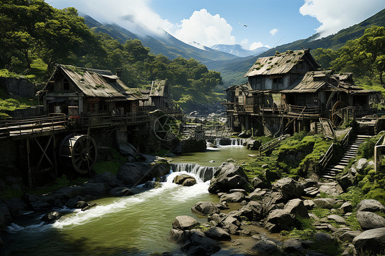 山涧的村庄图片