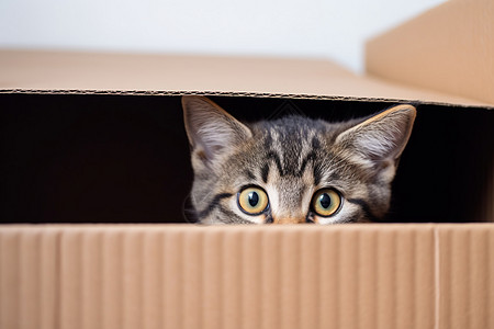 猫咪在玩耍小猫躲在纸箱中背景