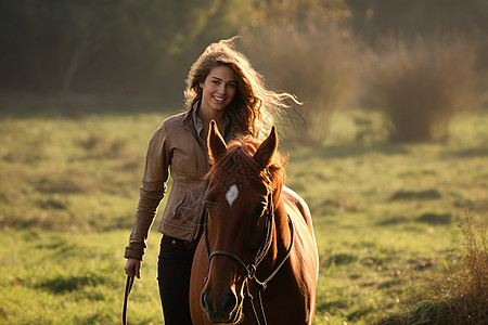 草原上牵着马的女士图片