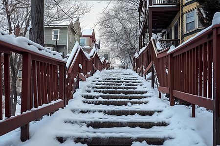 雪地中的红色楼梯图片