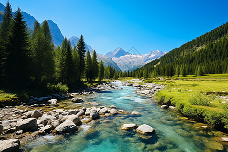 山峦环抱的山谷河流图片