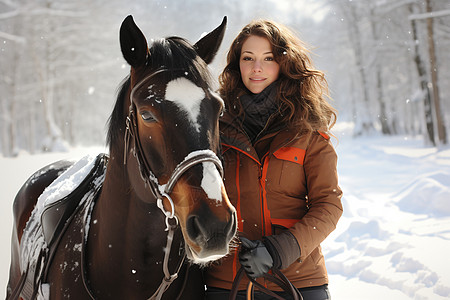 雪树林雪地上骑行的女士背景