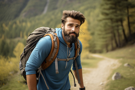 山中小路山中男子背着背包背景