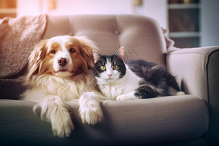 猫狗互相依偎在沙发上图片