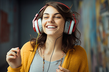 戴着耳机享受音乐的女人图片