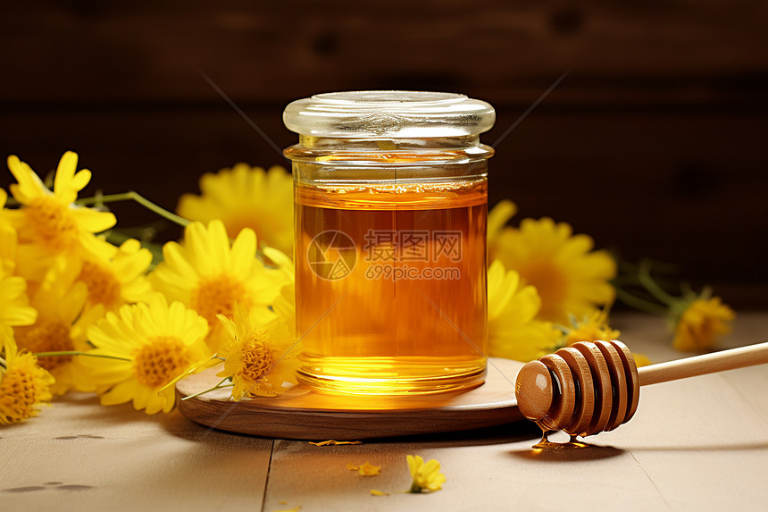 雏菊背景的蜂蜜罐子图片