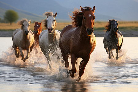 水中的一群马匹图片