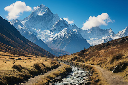 雪山山脊山谷溪流美景背景