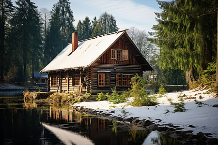 冬季丛林中白雪覆盖的小木屋图片