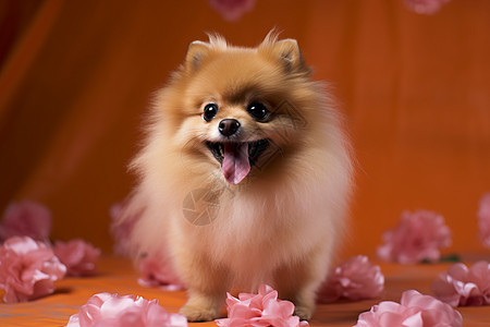 戛纳红毯粉色花海里的小狗背景