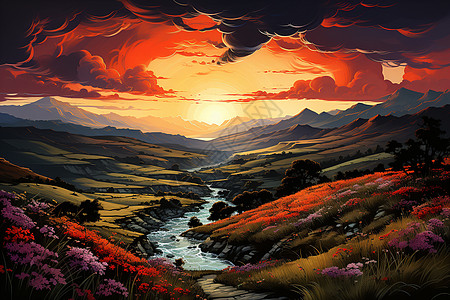 日落下的山谷河流高清图片