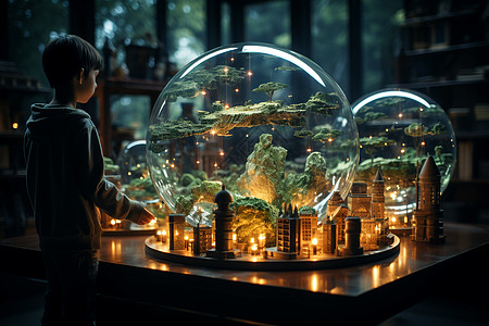 城市孩子孩子看着玻璃罩里的绿色世界设计图片