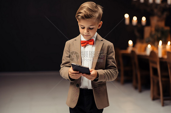 小男孩在房间里拿着手机图片