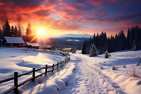 暮色中的雪域乡村背景图片