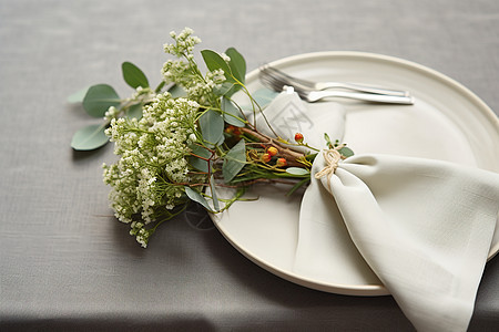 餐桌上的花束和盘子图片