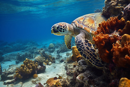 在珊瑚礁上的海龟图片