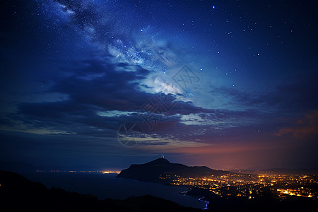 六月夜晚星空星空下的城市背景