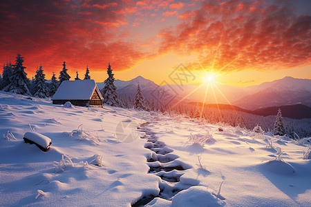 夕阳山坡山脉上的木屋和冰雪背景