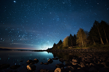 星空下的森林和湖畔图片