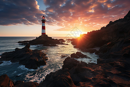 夕阳灯塔海边的灯塔建筑背景