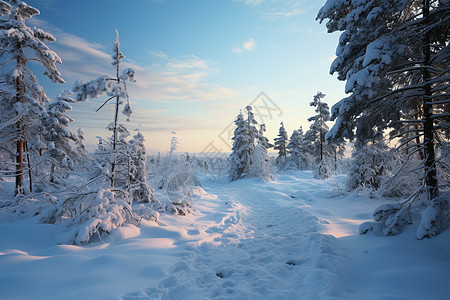 森林中的小路和冰雪背景图片