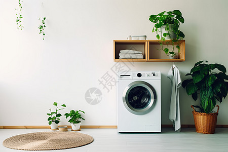 洗衣房里的洗衣机和植物背景图片
