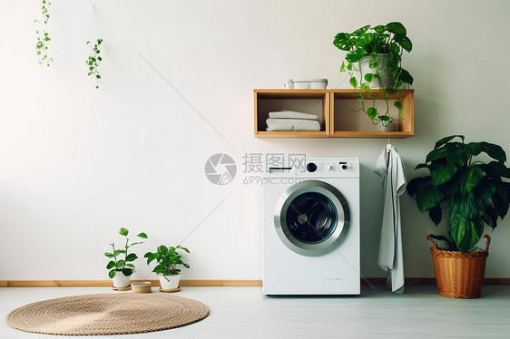 洗衣房里的洗衣机和植物图片