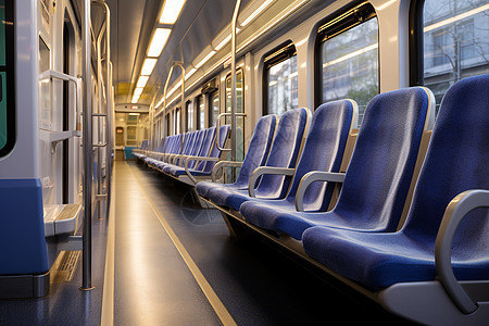 蓝色座椅的火车图片