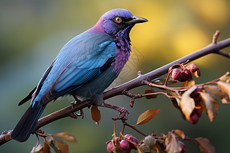紫色羽毛中的蓝色鸟图片