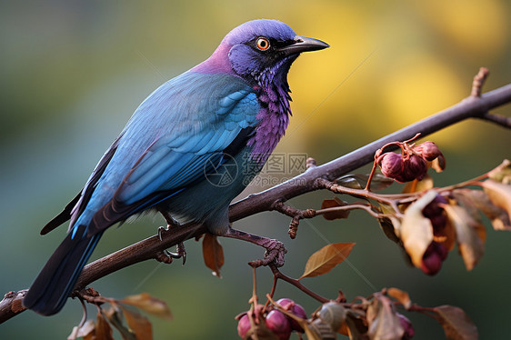 紫色羽毛中的蓝色鸟图片
