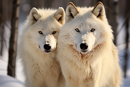 雪地中的两只白狼图片